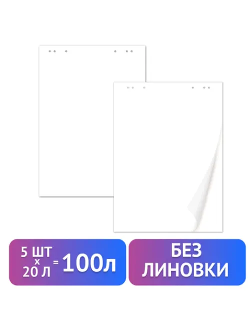 Блокноты для флипчарта ПЛОТНЫЕ 80 г/м2, BRAUBERG, 67,5х98 см, КОМПЛЕКТ 5 шт., 20 л., чистые, 124098