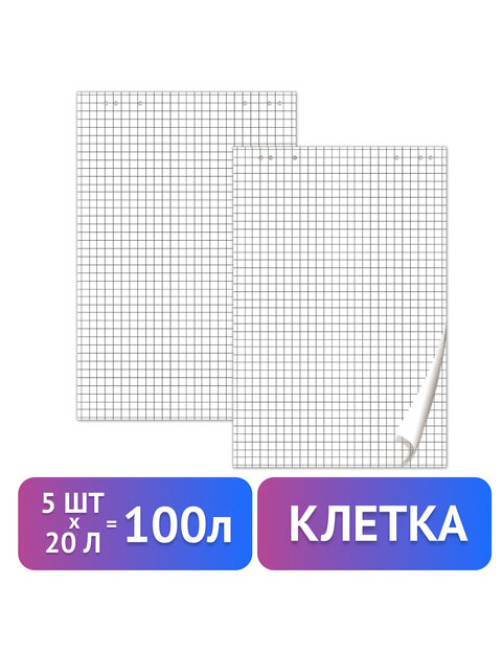 Блокноты для флипчарта ПЛОТНЫЕ 80 г/м2, BRAUBERG, 67,5х98 см, КОМПЛЕКТ 5 шт., 20 л., клетка, 124097