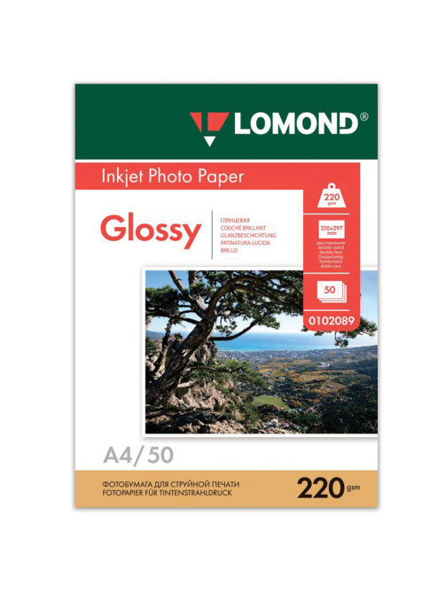 Фотобумага глянцевая, А4, 220 г/м2, двусторонняя, 50 листов, LOMOND, 0102089
