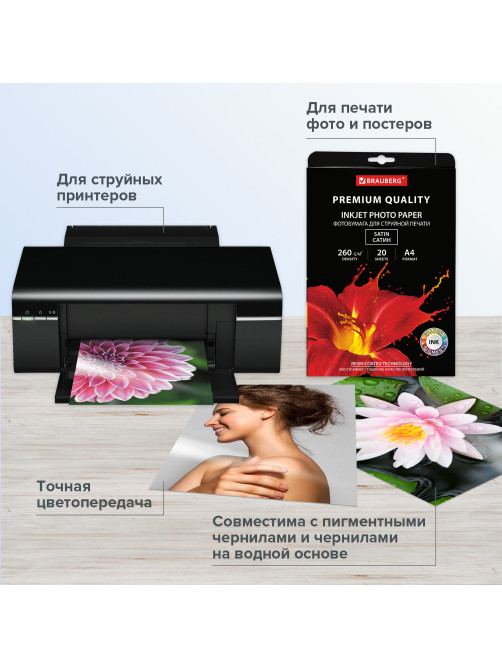 Фотобумага PREMIUM сатин, А4, 260 г/м2, односторонняя, 20 листов, BRAUBERG, 364005