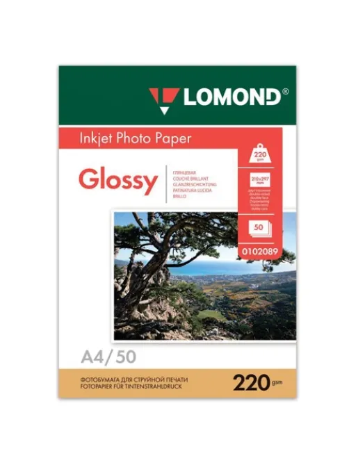 Фотобумага глянцевая, А4, 220 г/м2, двусторонняя, 50 листов, LOMOND, 0102089