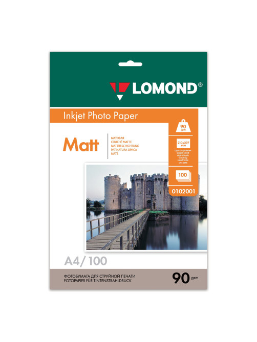Фотобумага матовая, A4, 90 г/м2, односторонняя, 100 листов, LOMOND, 0102001
