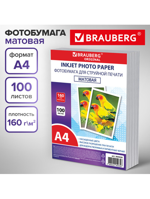 Фотобумага матовая, А4, 160 г/м2, односторонняя, 100 листов, ПАКЕТ, BRAUBERG ORIGINAL, 364428