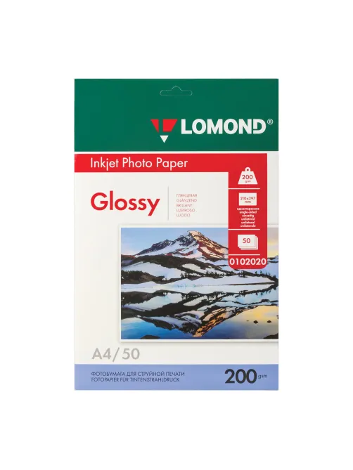 Фотобумага глянцевая, А4, 200 г/м2, односторонняя, 50 листов, LOMOND, 0102020