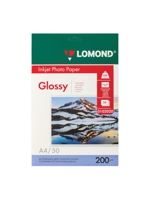 Фотобумага глянцевая, А4, 200 г/м2, односторонняя, 50 листов, LOMOND, 0102020