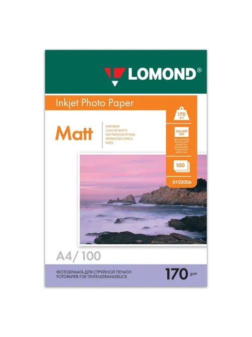 Фотобумага матовая, А4, 170 г/м2, двусторонняя, 100 листов, LOMOND, 0102006