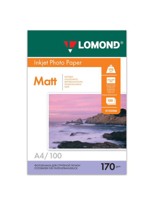 Фотобумага матовая, А4, 170 г/м2, двусторонняя, 100 листов, LOMOND, 0102006