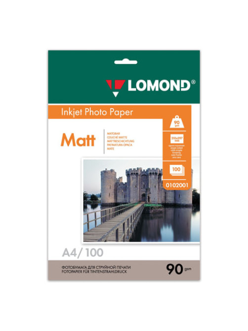 Фотобумага матовая, A4, 90 г/м2, односторонняя, 100 листов, LOMOND, 0102001