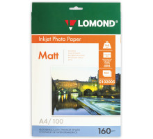 Фотобумага матовая, А4, 160 г/м2, односторонняя, 100 листов, LOMOND, 0102005