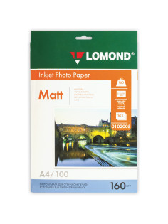 Фотобумага матовая, А4, 160 г/м2, односторонняя, 100 листов, LOMOND, 0102005