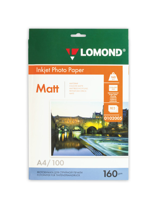 Фотобумага матовая, А4, 160 г/м2, односторонняя, 100 листов, LOMOND, 0102005