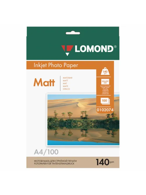Фотобумага матовая, А4, 140 г/м2, односторонняя, 100 листов, LOMOND, 0102074