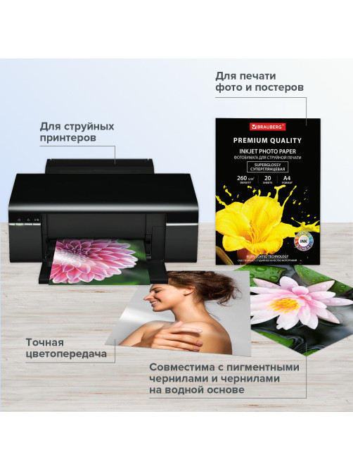 Фотобумага PREMIUM суперглянцевая, А4, 260 г/м2, односторонняя, 20 листов, BRAUBERG, 364004