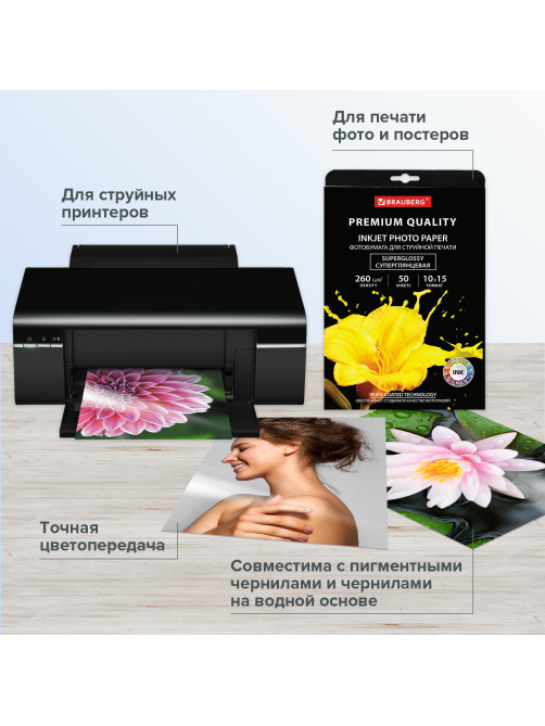 Фотобумага PREMIUM суперглянцевая, 10х15 см, 260 г/м2, односторонняя, 50 листов, BRAUBERG, 363999