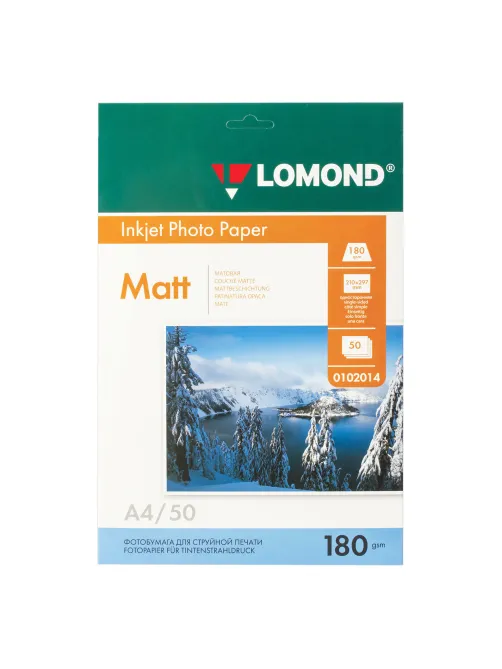 Фотобумага матовая, А4, 180 г/м2, односторонняя, 50 листов, LOMOND, 0102014