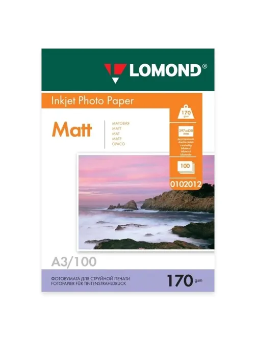 Фотобумага матовая БОЛЬШОГО ФОРМАТА, A3, 170 г/м2, двусторонняя, 100 листов, LOMOND, 0102012