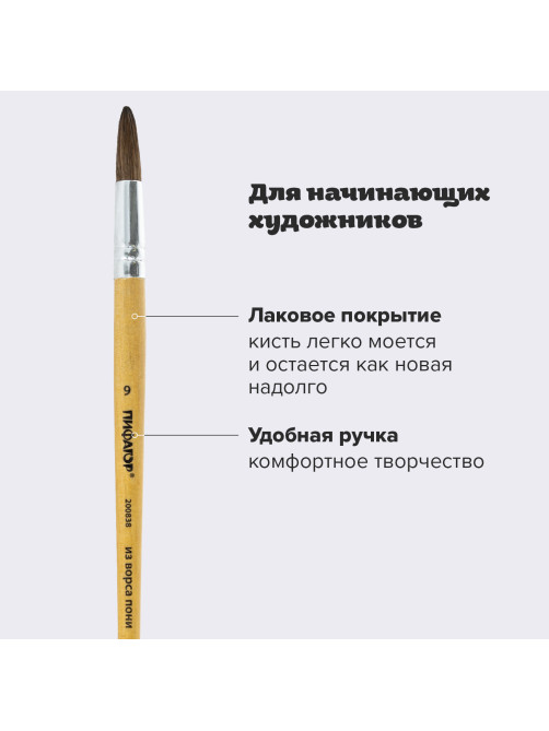 Кисть ПИФАГОР, ПОНИ, круглая, № 9, деревянная лакированная ручка, колпачок, пакет с подвесом, 200838