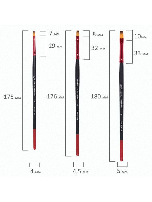 Кисти BRAUBERG PREMIUM, набор 10 шт. (синтетика, круглые № 1, 2, 3, 5, 8, плоские № 2, 4, 6, 8, 10), 201027