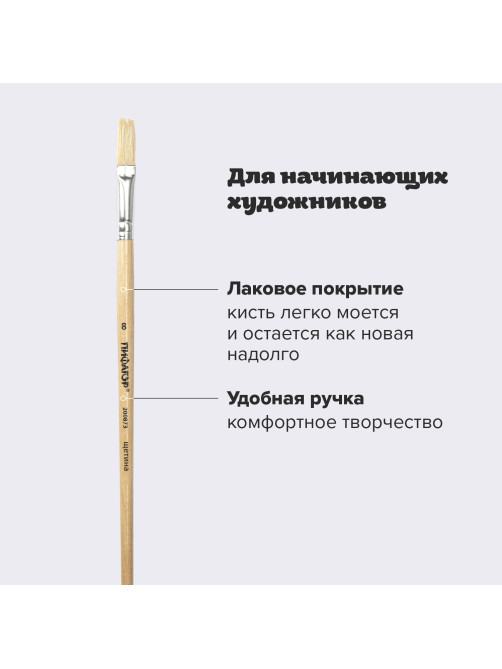 Кисть ПИФАГОР, ЩЕТИНА, плоская, № 8, деревянная лакированная ручка, пакет с подвесом, 200873