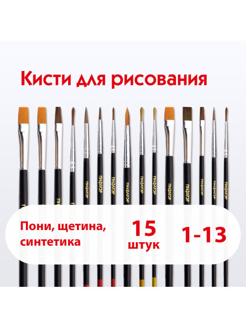 Кисти ПИФАГОР, набор 15 шт. (ПОНИ - 9 шт., СИНТЕТИКА - 4 шт., ЩЕТИНА - 2 шт., круглые, плоские), блистер, 200504