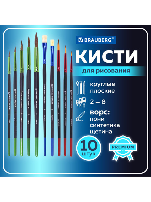 Кисти BRAUBERG PREMIUM, набор 10 шт. (круглые пони - 5 шт., синтетика - 3 шт., плоские щетина - 2 шт.), блистер, 201023