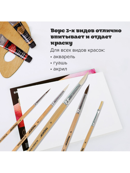 Кисти ПИФАГОР, набор 5 шт. (ПОНИ: круглые № 1, 4; КОЗА: круглые № 3, 6; ЩЕТИНА: плоская № 4), пакет с европодвесом, 200892