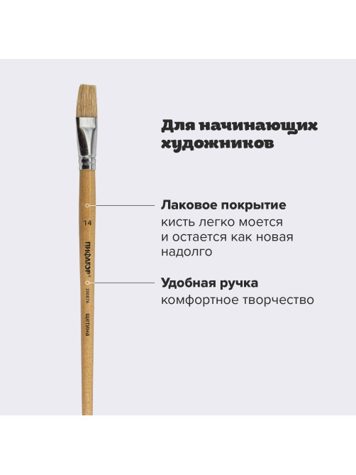Кисть ПИФАГОР, ЩЕТИНА, плоская, № 14, деревянная лакированная ручка, пакет с подвесом, 200876