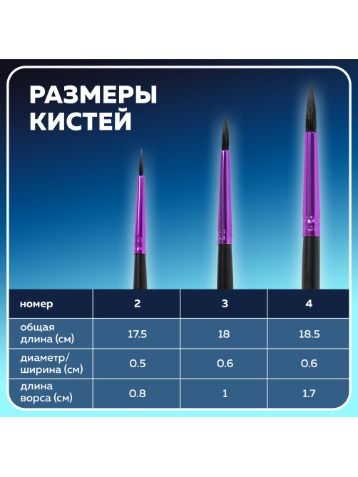 Кисти BRAUBERG PREMIUM, набор 3 шт. (беличьи круглые № 2, 3, 4), блистер, 201020