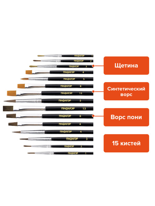 Кисти ПИФАГОР, набор 15 шт. (ПОНИ - 9 шт., СИНТЕТИКА - 4 шт., ЩЕТИНА - 2 шт., круглые, плоские), блистер, 200504