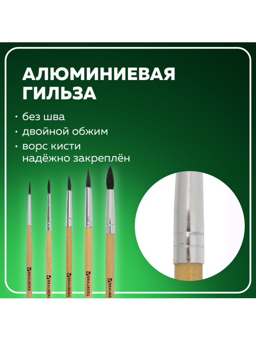 Кисти BRAUBERG, набор 5 шт. (белка, круглые № 1, 2, 3, 4, 5), блистер, 200217