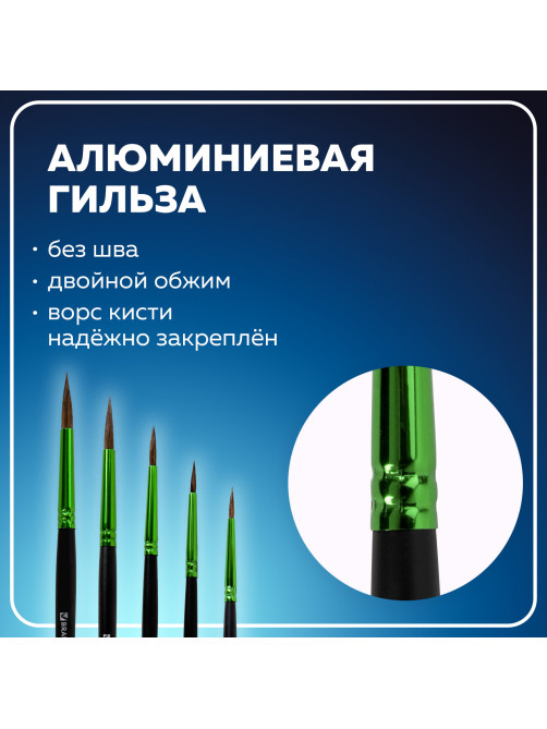 Кисти BRAUBERG PREMIUM, набор 5 шт. (из ворса пони круглые № 1, 2, 3, 4, 5), блистер, 201022