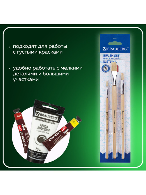 Кисти BRAUBERG, набор 3 шт. (щетина, плоские № 4, 8, 14), блистер, 200223