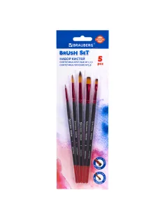 Кисти BRAUBERG PREMIUM, набор 5 шт. (синтетика, круглая № 1, 3, 5, плоская № 5, 8), блистер, 201024