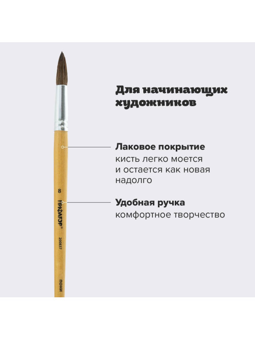 Кисть ПИФАГОР, ПОНИ, круглая, № 8, деревянная лакированная ручка, колпачок, пакет с подвесом, 200837