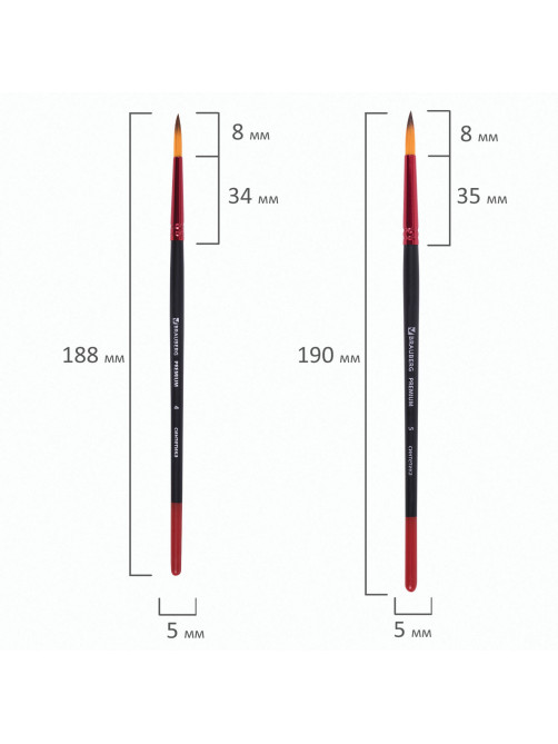 Кисти BRAUBERG PREMIUM, набор 5 шт. (синтетика, круглая № 1, 2, 3, 4, 5), блистер, 201025