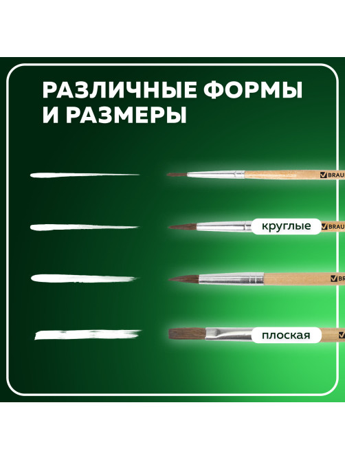 Кисти BRAUBERG, набор 4 шт. (пони, круглые № 2, 3, 4, плоская № 6), блистер, 200221