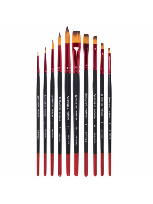 Кисти BRAUBERG PREMIUM, набор 10 шт. (синтетика, круглые № 1, 2, 3, 5, 8, плоские № 2, 4, 6, 8, 10), 201027