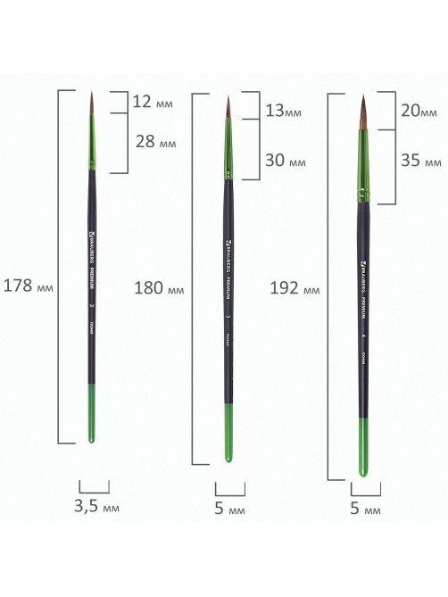 Кисти BRAUBERG PREMIUM, набор 10 шт. (круглые пони - 5 шт., синтетика - 3 шт., плоские щетина - 2 шт.), блистер, 201023