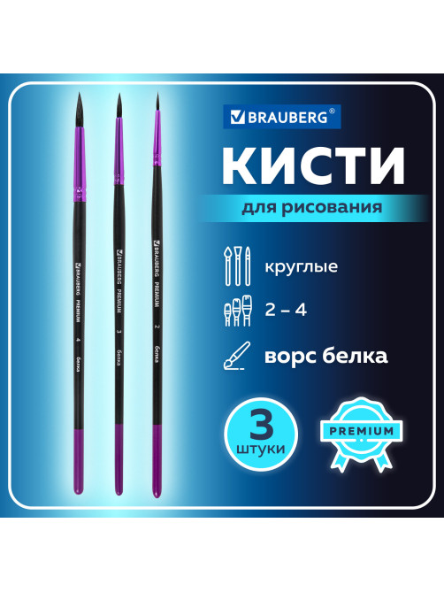Кисти BRAUBERG PREMIUM, набор 3 шт. (беличьи круглые № 2, 3, 4), блистер, 201020