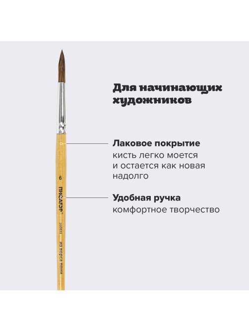 Кисть ПИФАГОР, ПОНИ, круглая, № 6, деревянная лакированная ручка, колпачок, пакет с подвесом, 200835