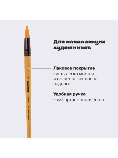 Кисть ПИФАГОР, СИНТЕТИКА, круглая, № 10, деревянная лакированная ручка, с колпачком, пакет с подвесом, 200850