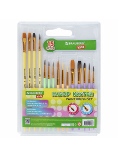 Кисти НАБОР 15 шт. (ПОНИ – 9 шт., СИНТЕТИКА – 4 шт., ЩЕТИНА – 2 шт.) BRAUBERG KIDS, 201081
