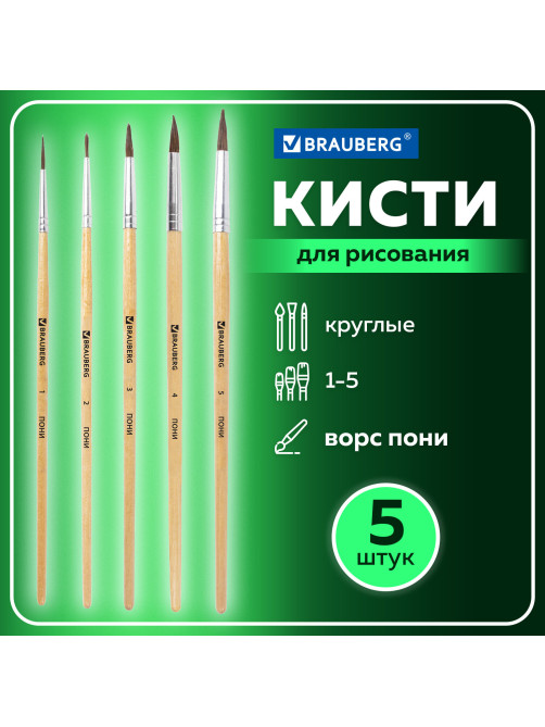 Кисти BRAUBERG, набор 5 шт. (пони, круглые № 1, 2, 3, 4, 5), блистер, 200222