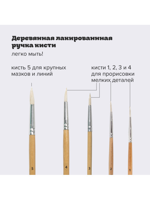 Кисти ПИФАГОР, набор 5 шт. (КОЗА: круглые № 1, 2, 3, 4, 5), блистер с европодвесом, 200887