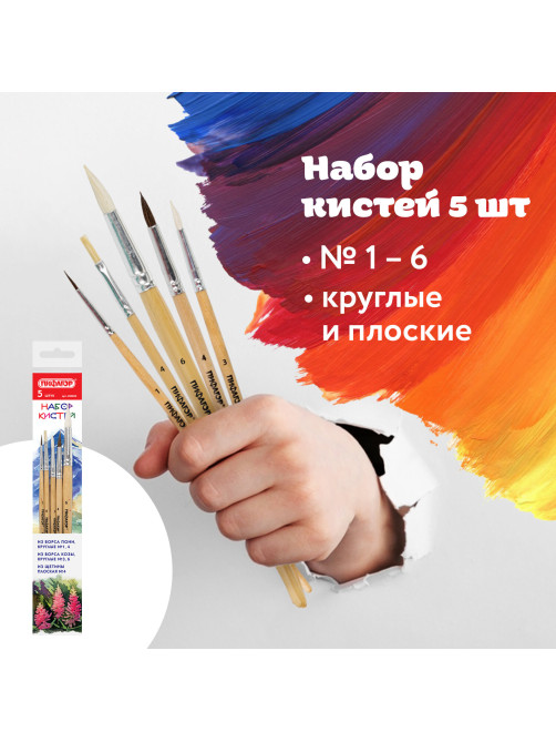 Кисти ПИФАГОР, набор 5 шт. (ПОНИ: круглые № 1, 4; КОЗА: круглые № 3, 6; ЩЕТИНА: плоская № 4), пакет с европодвесом, 200892
