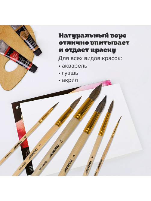 Кисти ПИФАГОР, набор 6 шт. (БЕЛКА: круглые № 1, 3, 5, 7, 9, 11), блистер с европодвесом, 200891