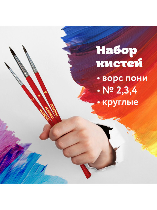 Кисти ПИФАГОР, набор 3 шт. (ПОНИ: круглые № 2, 3, 4), пакет с европодвесом, 200227