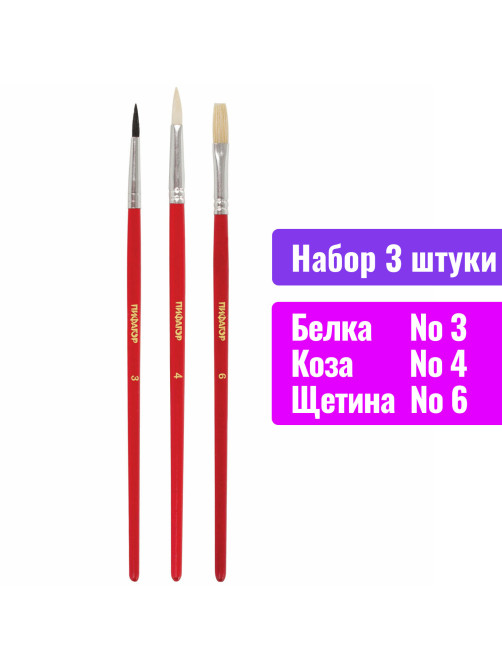 Кисти ПИФАГОР, набор 3 шт. (БЕЛКА: круглая № 3; КОЗА: круглая № 4; ЩЕТИНА: плоская № 6), пакет с европодвесом, 200229