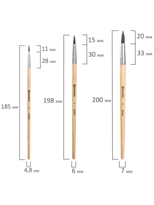 Кисти BRAUBERG, набор 3 шт. (белка, круглые № 2, 4, 6), блистер, 200216