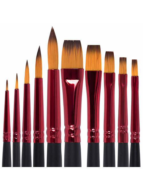 Кисти BRAUBERG PREMIUM, набор 10 шт. (синтетика, круглые № 1, 2, 3, 5, 8, плоские № 2, 4, 6, 8, 10), 201027